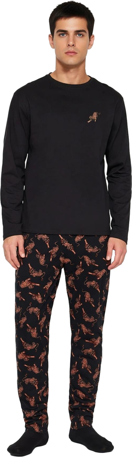 Erkek Bisiklet Yaka Uzun Kollu Baskılı Pijama Takımı Fonksiyonel Dayanıklı Kaliteli Modern