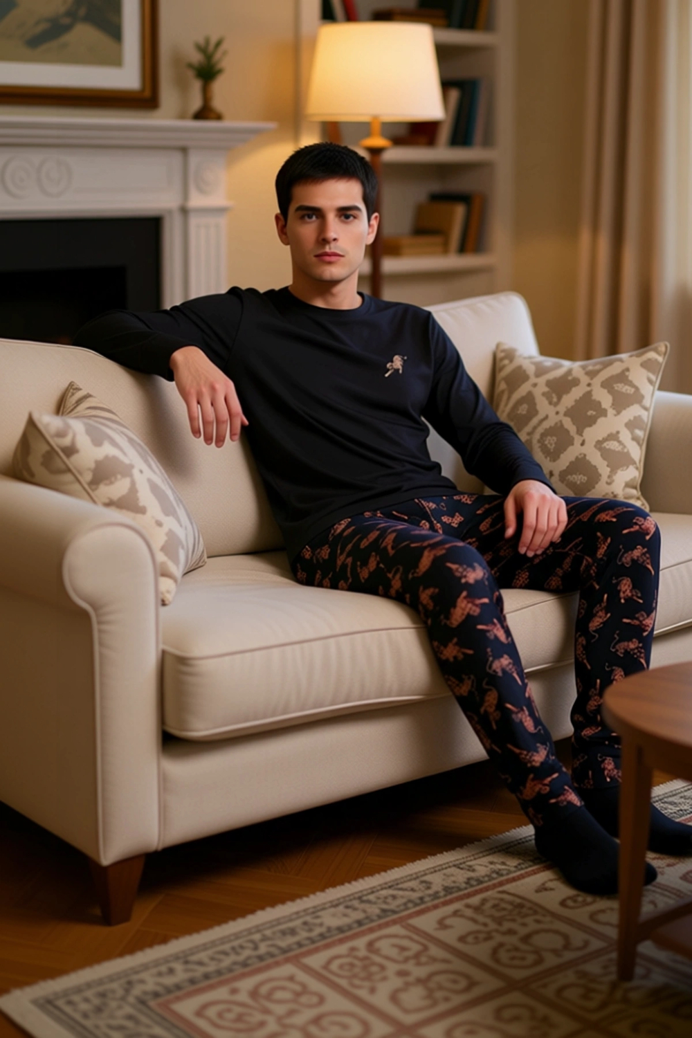 Erkek Bisiklet Yaka Uzun Kollu Baskılı Pijama Takımı Fonksiyonel Dayanıklı Kaliteli Modern