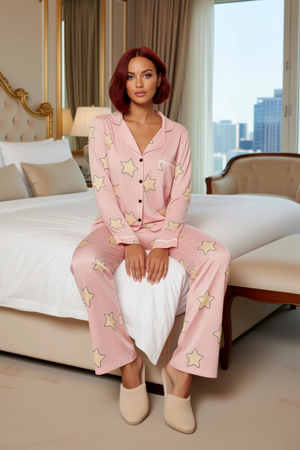Kadın Yıldızlı Uzun Kollu Pijama Takımı Fonksiyonel Dayanıklı Kaliteli Konforlu Estetik Şık