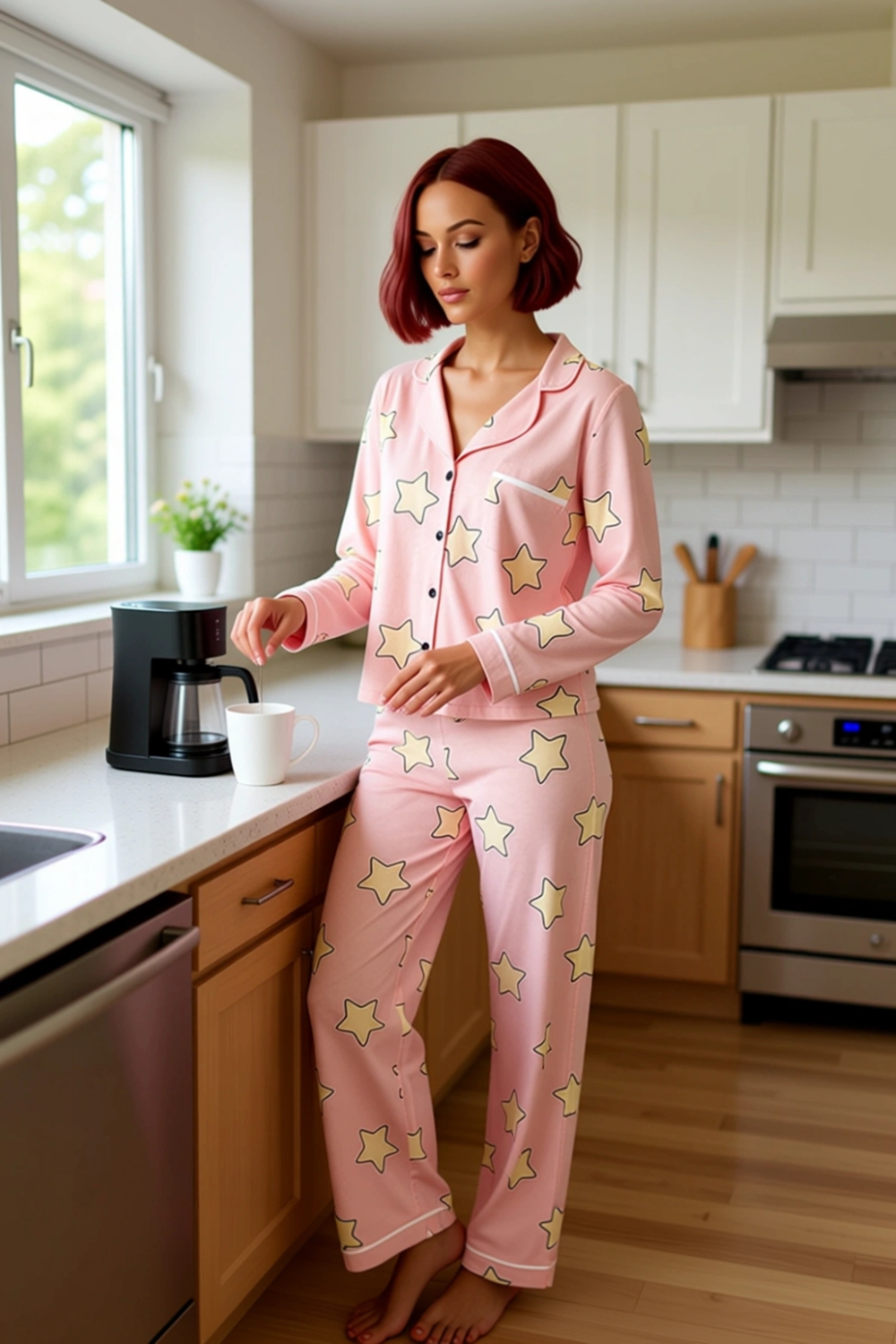 Kadın Yıldızlı Uzun Kollu Pijama Takımı Fonksiyonel Dayanıklı Kaliteli Konforlu Estetik Şık
