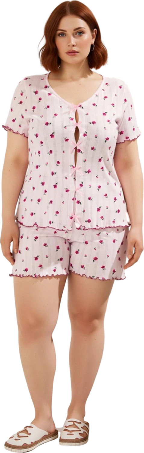 Kadın Çiçek Desenli V Yaka Kısa Kollu Pijama Takımı Fonksiyonel Dayanıklı Kaliteli Estetik