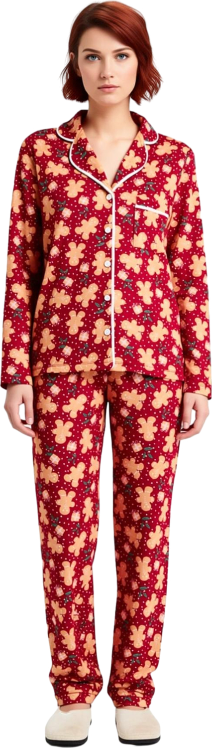 Kadin Kirmizi Kurabiye Adam Desenli Pijama Takımı Fonksiyonel Dayanıklı Kaliteli Konforlu Şık