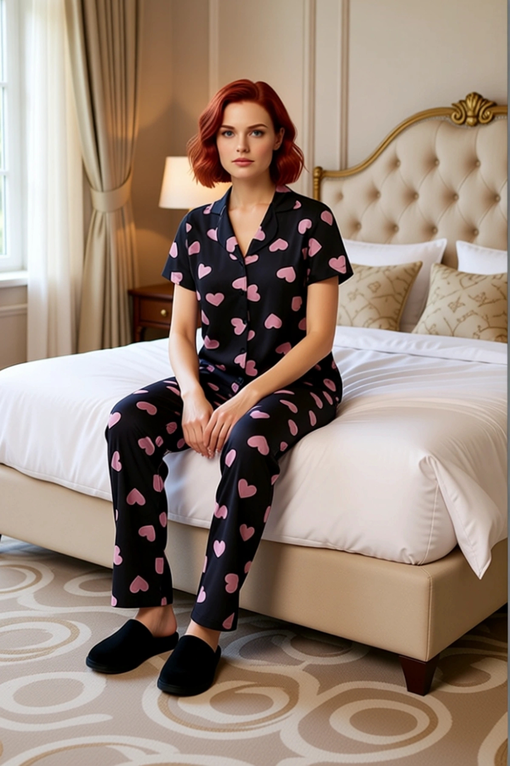 Kadın Kalp Baskılı Pijama Takımı Gömlek Pantolon Fonksiyonel Dayanıklı Kaliteli Konforlu Şık