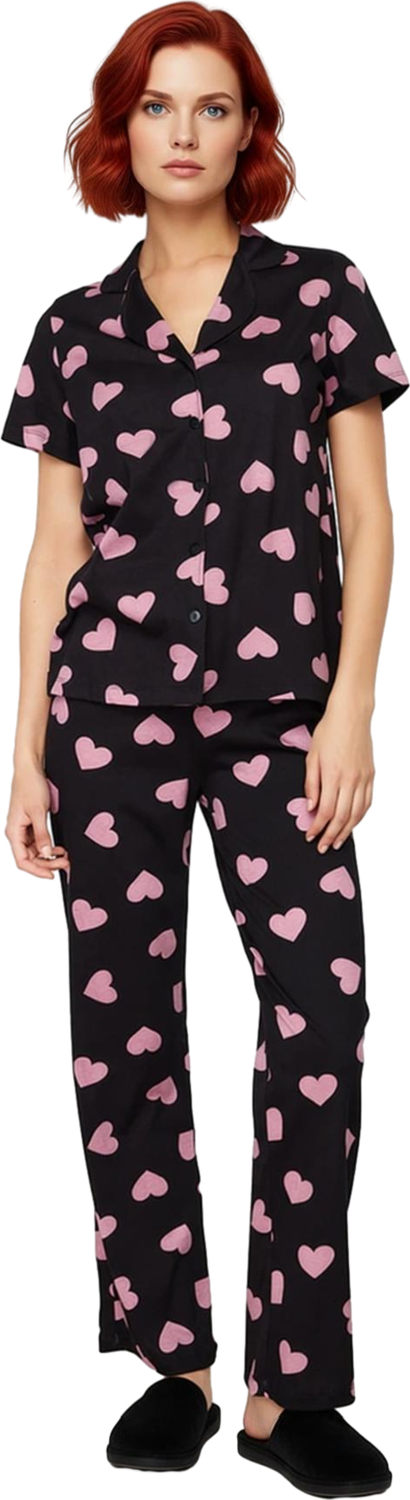 Kadın Kalp Baskılı Pijama Takımı Gömlek Pantolon Fonksiyonel Dayanıklı Kaliteli Konforlu Şık