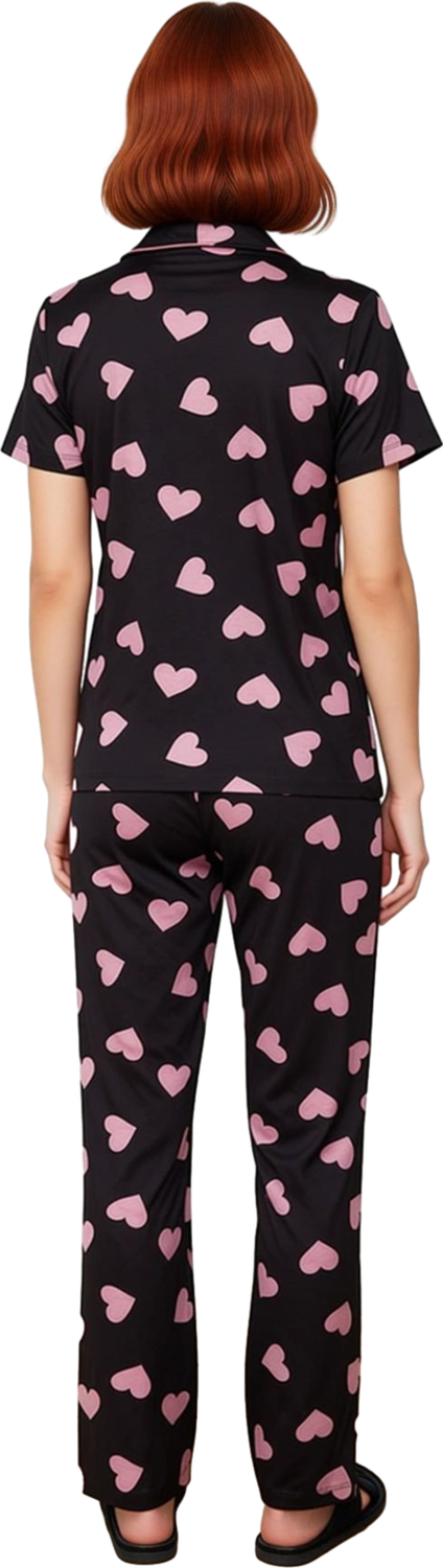 Kadın Kalp Baskılı Pijama Takımı Gömlek Pantolon Fonksiyonel Dayanıklı Kaliteli Konforlu Şık