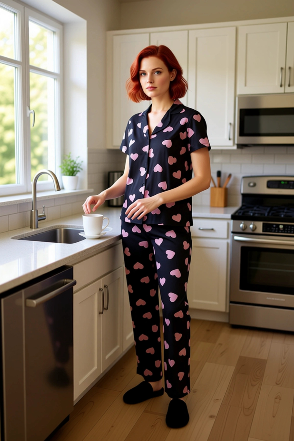 Kadın Kalp Baskılı Pijama Takımı Gömlek Pantolon Fonksiyonel Dayanıklı Kaliteli Konforlu Şık