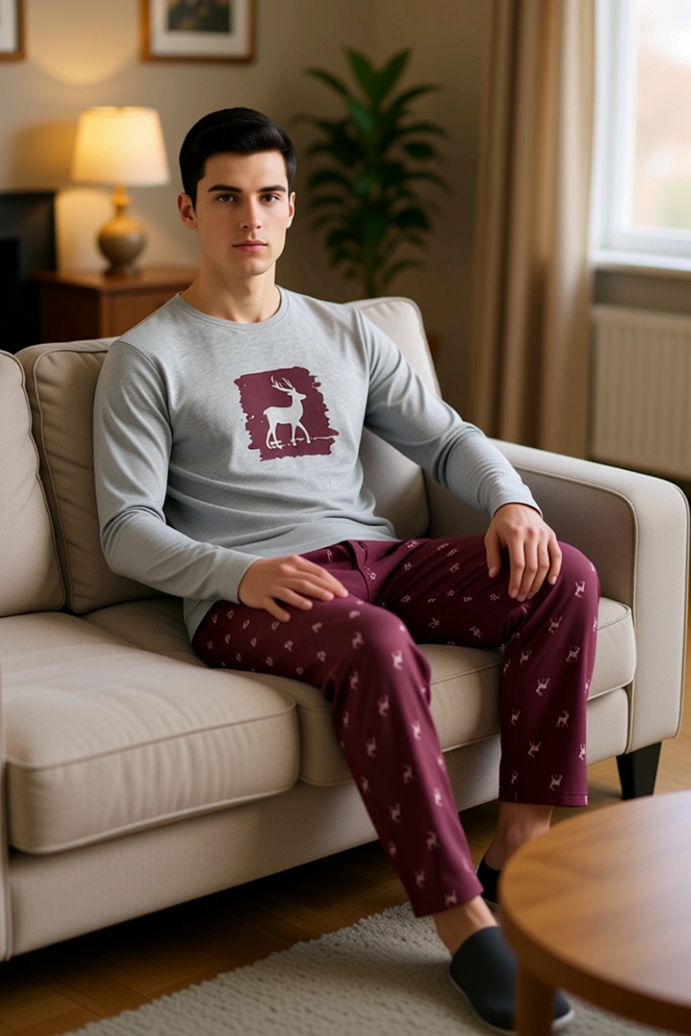 Kadın Geyik Desenli Bisiklet Yaka Pijama Takımı Fonksiyonel Dayanıklı Kaliteli Konforlu Şık