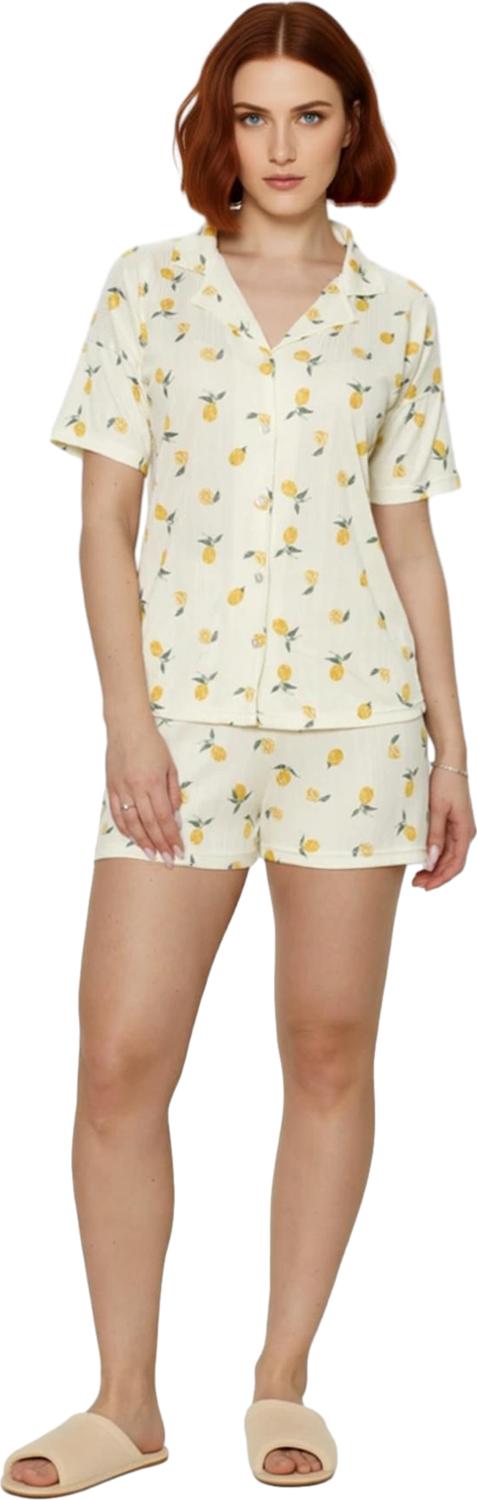 Kadın Limon Baskılı Gömlek Şortlu Pijama Takımı Fonksiyonel Dayanıklı Kaliteli Konforlu Şık