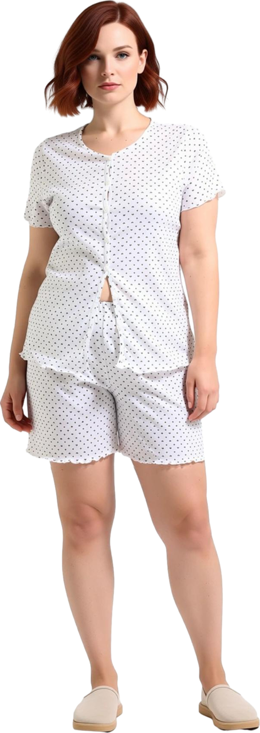 Kadın Kalp Desenli Örme Pijama Takımı Bisiklet Yaka Fonksiyonel Dayanıklı Kaliteli Estetik