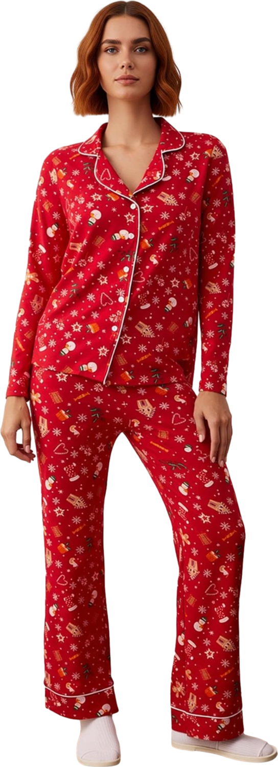 Kadin Kirmizi Yılbaşı Desenli Gömlek Yaka Pijama Seti Fonksiyonel Dayanıklı Kaliteli Rahat