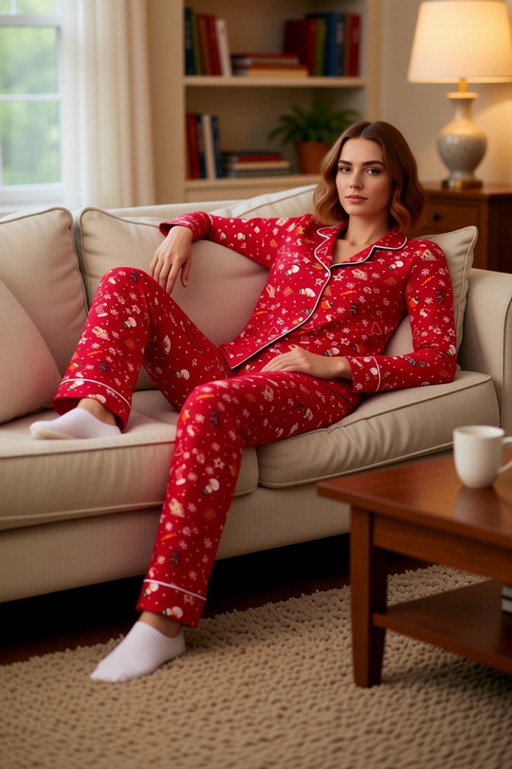 Kadin Kirmizi Yılbaşı Desenli Gömlek Yaka Pijama Seti Fonksiyonel Dayanıklı Kaliteli Rahat