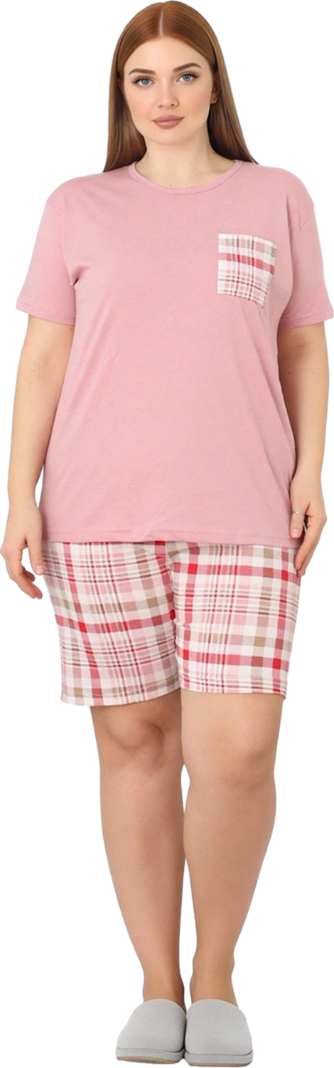 Büyük Beden Kadın Pudra Ekose Şortlu Pijama Takımı Fonksiyonel Dayanıklı Kaliteli Konforlu