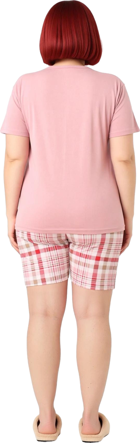 Büyük Beden Kadın Pudra Ekose Şortlu Pijama Takımı Fonksiyonel Dayanıklı Kaliteli Konforlu
