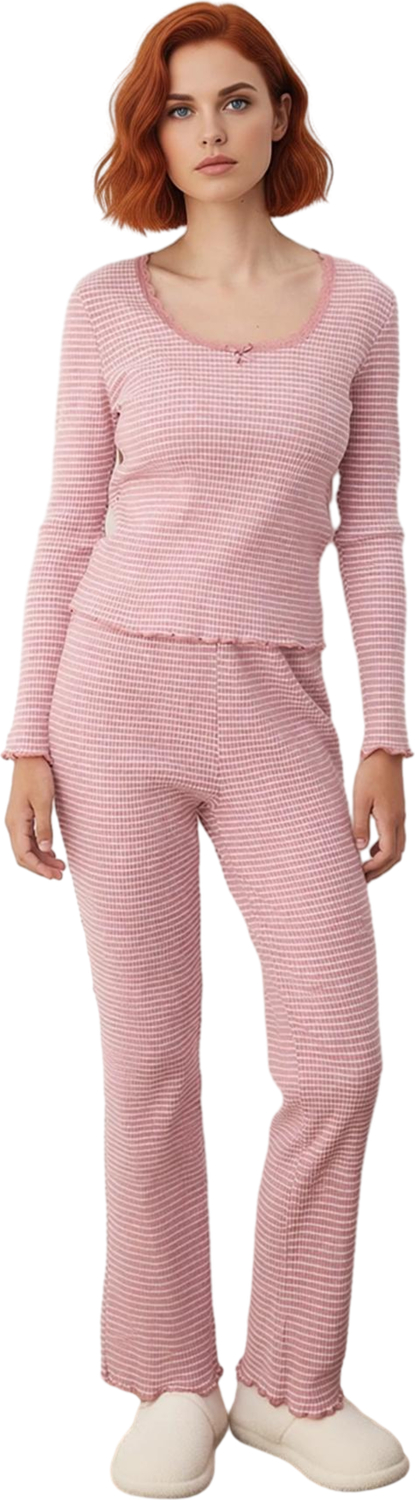 Kadın Çizgili Kaşkorse Pijama Takımı Dantel Detaylı Fonksiyonel Dayanıklı Kaliteli Estetik