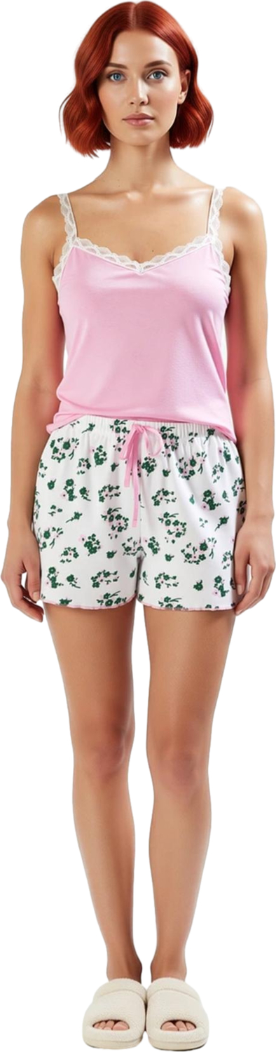 Kadın Çiçek Desenli Şortlu Pijama Takımı V Yaka Dantel Detaylı Atlet Fonksiyonel Dayanıklı