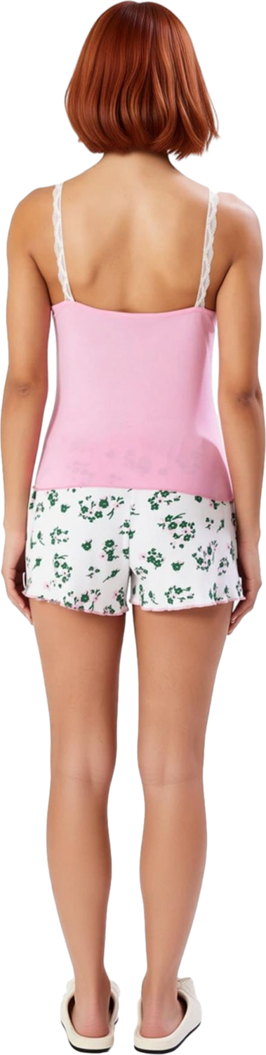 Kadın Çiçek Desenli Şortlu Pijama Takımı V Yaka Dantel Detaylı Atlet Fonksiyonel Dayanıklı