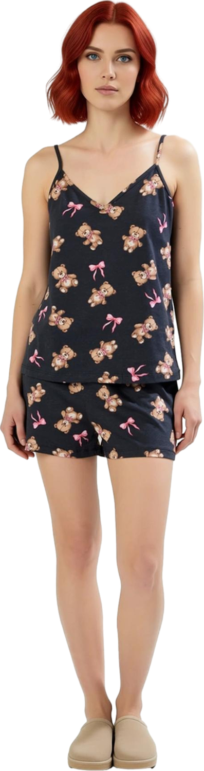 Kadın Sevimli Ayıcık Baskılı V Yaka Askılı Pijama Takımı Fonksiyonel Dayanıklı Kaliteli Şık