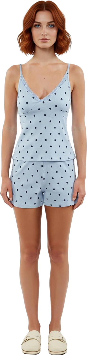 Kadın Kalpli V Yaka İnce Askılı Örme Pijama Takımı Fonksiyonel Dayanıklı Kaliteli Konforlu