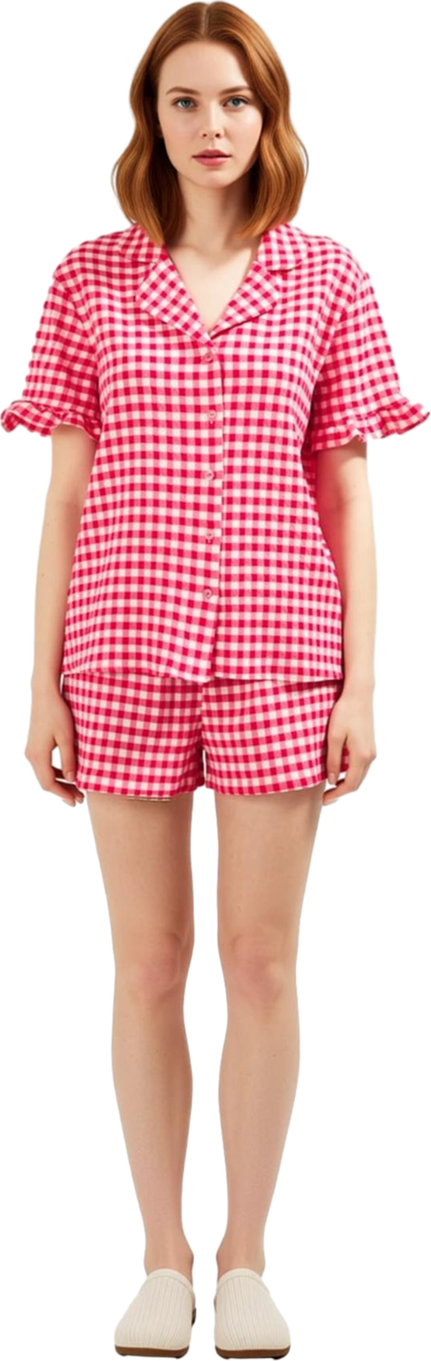 Kadın Kareli Fırfırlı Gömlek Şort Pijama Takımı Fonksiyonel Dayanıklı Kaliteli Konforlu Şık