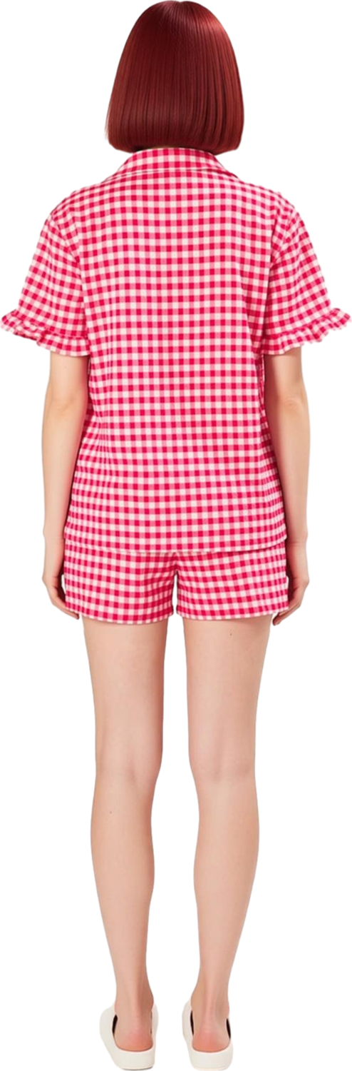 Kadın Kareli Fırfırlı Gömlek Şort Pijama Takımı Fonksiyonel Dayanıklı Kaliteli Konforlu Şık