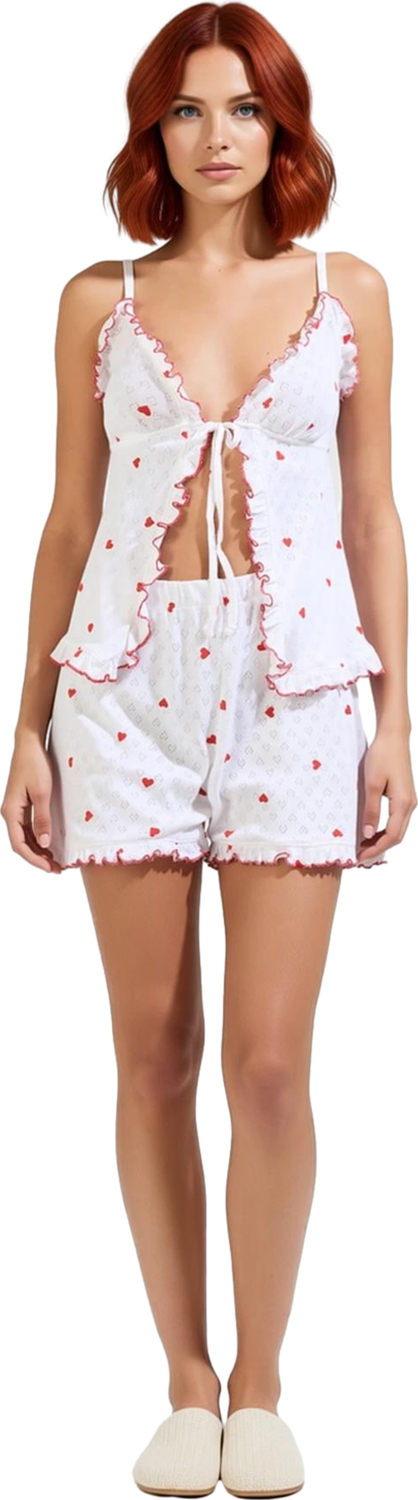 Kadin Fırfırlı Kalpli Delikli Askılı Pijama Takımı Fonksiyonel Dayanıklı Kaliteli Konforlu