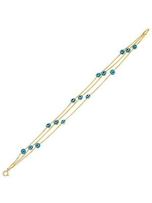 Bilezikhane Üç Sıra Boncuklu Mavi 14 Ayar Altın Bileklik