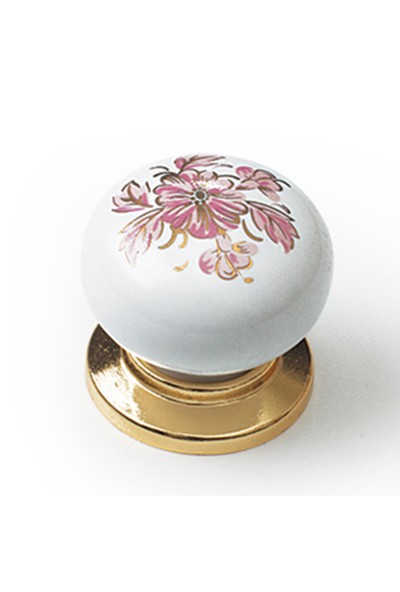 Trendist Porselen Düğme Kulp - Altın Pembe Çiçekli