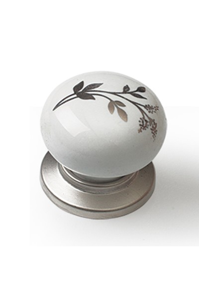Trendist Porselen Düğme Kulp - Gümüş Çiçekli Desen