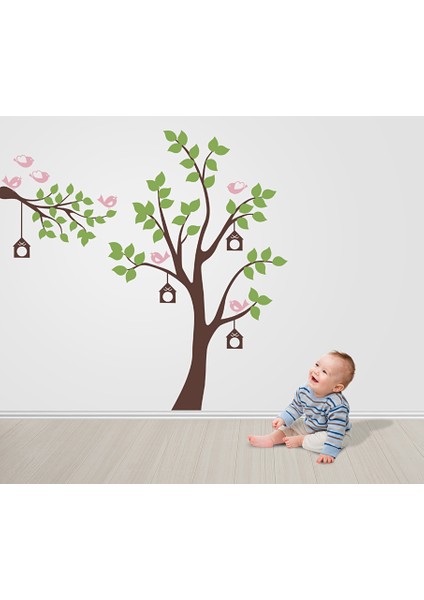 Pembe Kuşlu Ağaç Duvar Sticker