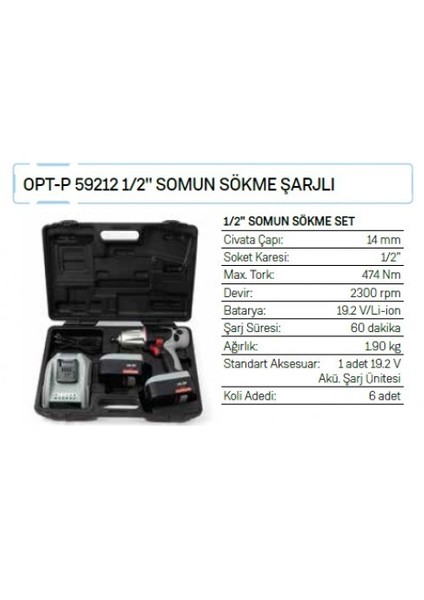 Opt-P 59212 1/2" Somun Sökme Şarjlı