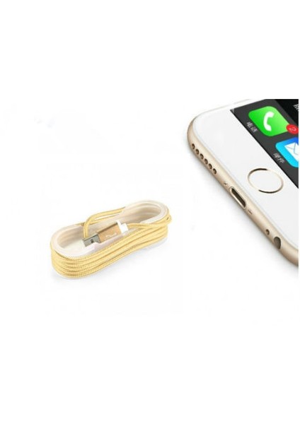 iPhone Uyumlu Örgü Şeklinde Renkli Çelik Şarj Data Kablosu - Gold