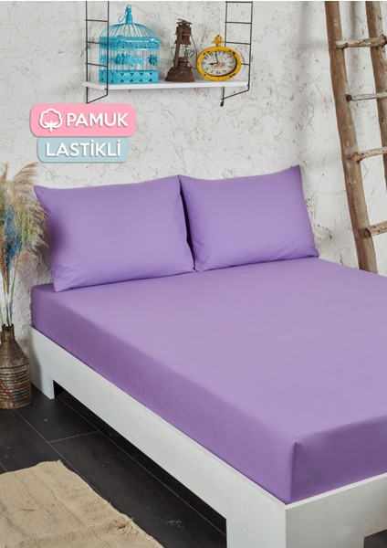 Pamuklu Lastikli Çarşaf Seti Çift Kişilik Lila