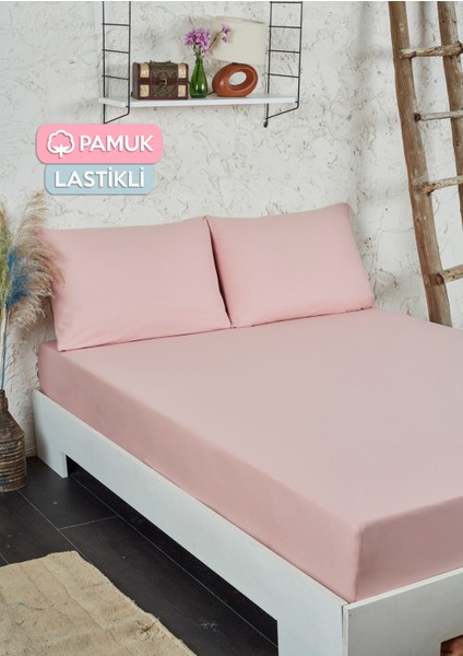 Pamuklu Lastikli Çarşaf Seti Çift Kişilik Pudra
