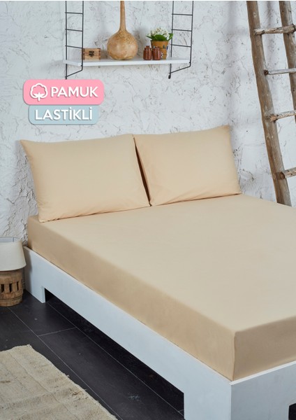 Pamuklu Lastikli Çarşaf Seti Çift Kişilik Bej