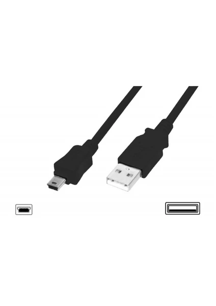 Usb 2.0 Bağlantı Kablosu, Usb A Erkek - Usb Mini B (5 Pin) Erkek, 1 Metre, Awg 28, Usb 2.0 Uyumlu, Ul, Siyah Renk