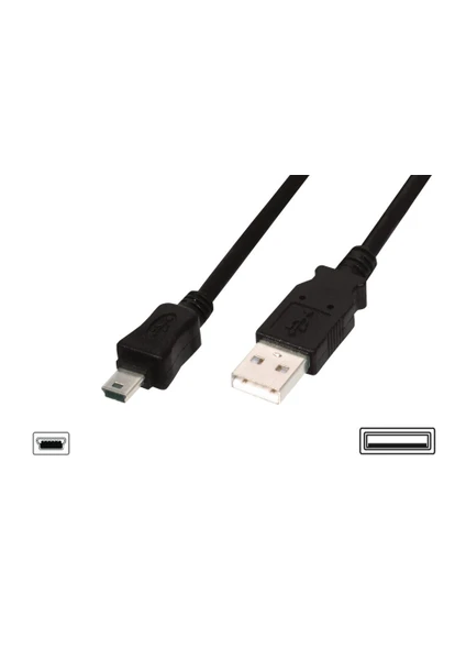 Usb 2.0 Bağlantı Kablosu, Usb A Erkek - Usb Mini B (5 Pin) Erkek, 3 Metre, Awg 28, Usb 2.0 Uyumlu, Ul, Siyah Renk