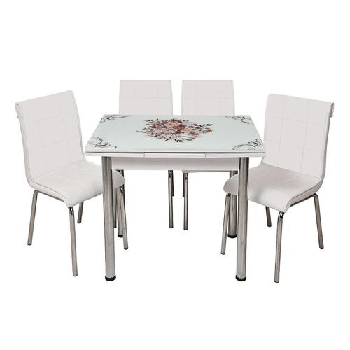 Kristal Masa Beyaz Monopetli 4 Sandalye ve 60x90 Yandan Fiyatı