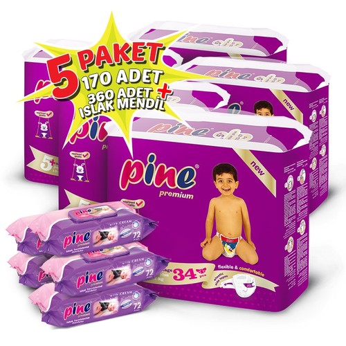 Pine Bebek Bezi 5�li Paket 5+ Beden 170 Adet + Islak Mendil Fiyatı