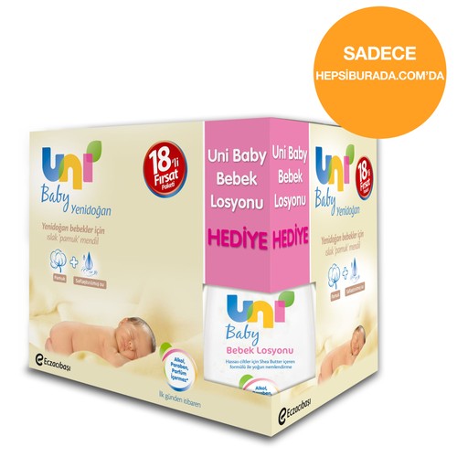 Uni Baby Yenidoğan 18'li Islak Pamuk Mendil Paketi + Uni Baby Bebek Losyonu 200 ml 104,90 TL