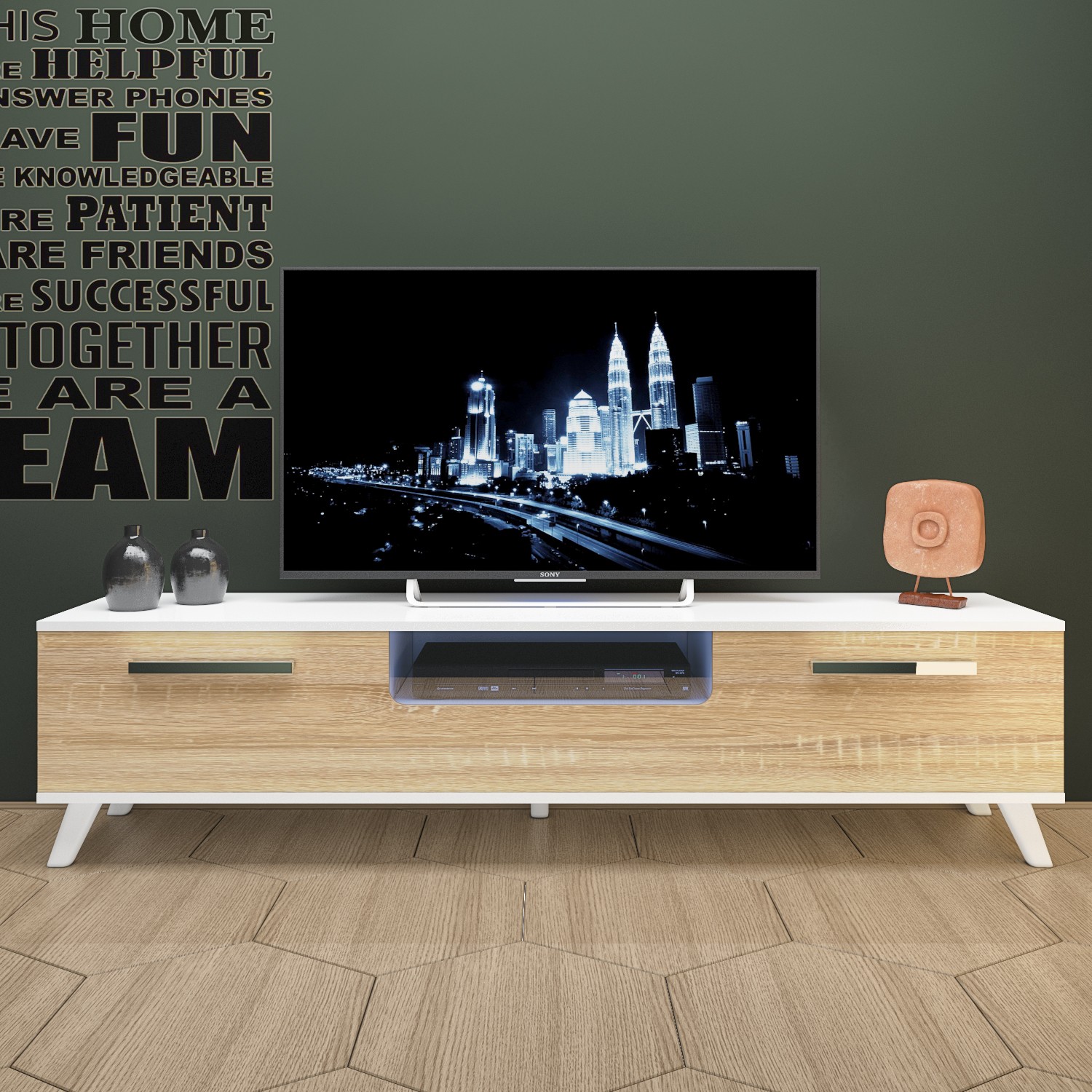 Eyibil Mobilya 180 Cm Gövde Beyaz Kapak Meşe Tv Ünitesi