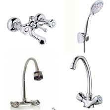 ARÇE Klasik Çevirmeli Banyo + Kuğu Evye + Spiralli Lavabo Bataryası + Duş Takımı