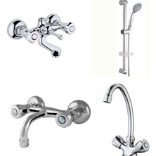 ARÇE Klasik Çevirmeli Banyo + Evye + Sabit Lavabo Bataryası + Sürgülü Duş Takımı
