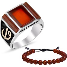 Gumush Gümüş Akik Taşlı Elif Vav Motifli Yüzük Kombini