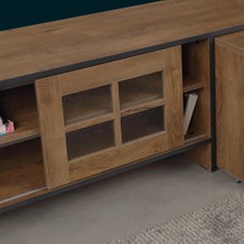 Pasific Home Revival Metal Ayaklı Sürgülü Tv Ünitesi, Zigon Sehpalı, 150 Cm, Koyu Meşe