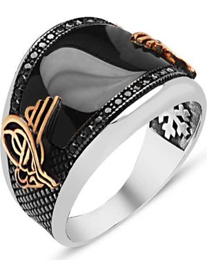 Gumush Gümüş Oniks ve Zirkon Taşlı Tuğra Armalı Yüzük