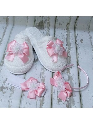 Azebu  Lohusa Terlik ve Taç Seti Fiyonklu Pembe