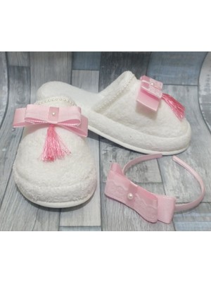 Azebu  Püsküllü Lohusa Tacı ve Terlik Seti Pembe