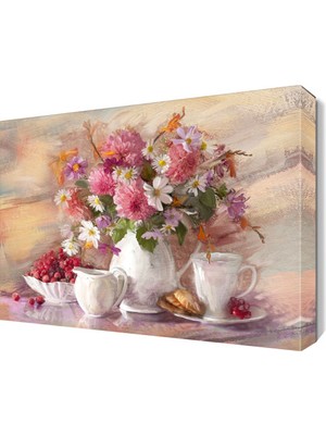 Dekor Sevgisi Pembe Çiçekler ve Kahve Tablosu 45x30 cm