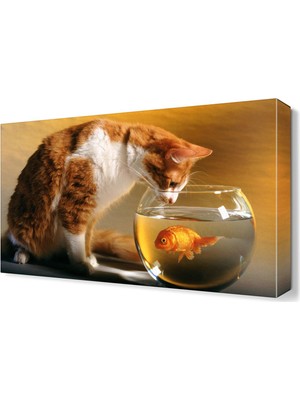 Dekor Sevgisi Kedi ve Fanustaki Balık Canvas Tablo  45x30 cm
