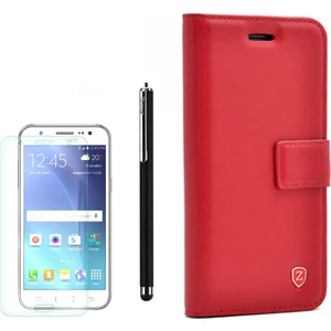 Samsung Galaxy J7 2015 Kılıf Kartvizitli Standlı Delüx Kırmızı +Kalem+ Cam